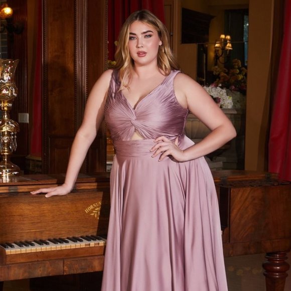 NEW LONG A-LINE SLEEVELESS SATIN DRESS WITH V-NECKLINE &...